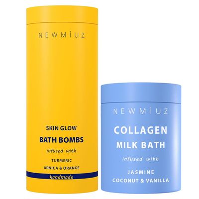 Anti Aging Bath Salt & Fizzing Bath Bombs Gift Set - Creamy Coconut Collagen Magnesium Epsom Salt Vitamin C Orange Turmeric Arnica Essential Oils