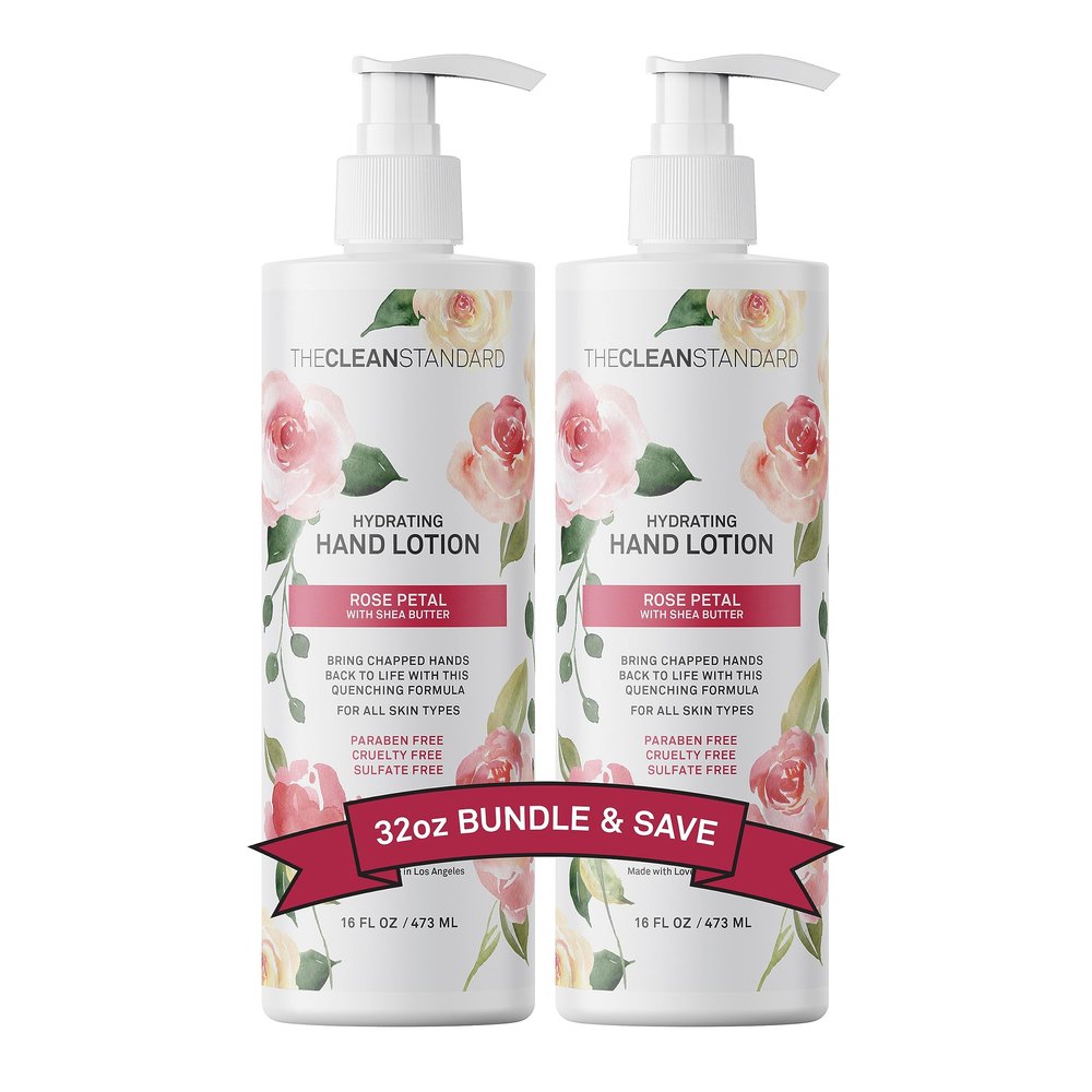 THE CLEAN STANDARD Moisturizing Hand Lotion for Dry Skin and Moisturizer with Shea Butter, Rose Flower Oil | Hydrating Non Greasy Hand Cream Set with Lotion Pump