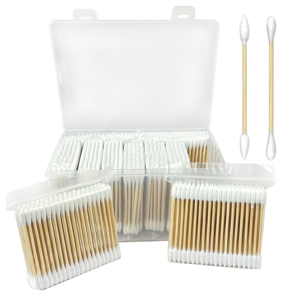 1000-Pack Bamboo Cotton Swabs Bulk (5x100 Round + 5x100 Pointed Tips) - Biodegradable Double Ended Swabs for Gun Cleaning, Pet Ear Care, Makeup & Electronics - Hypoallergenic & Lint-Free