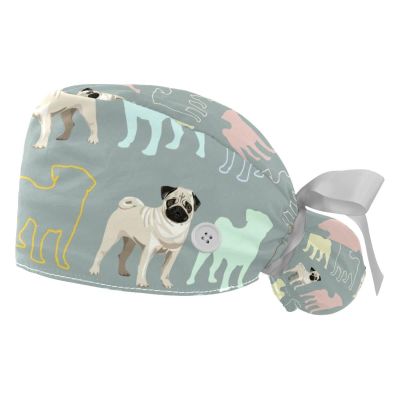 2 Pcs Working Caps with Buttons and Ribbon Tie, Colored Pugs Bouffant Hats Scrub Caps Women Long Hair