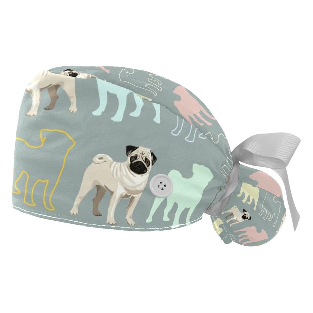 2 Pcs Working Caps with Buttons and Ribbon Tie, Colored Pugs Bouffant Hats Scrub Caps Women Long Hair