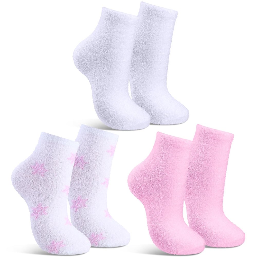 HooLing 3 Pairs Aloe Socks Moisturizing Spa Socks Aloe Vera Infused Fuzzy for Christmas Women Men Repairing Softening Dry Cracked Feet Skins(Pink, White)