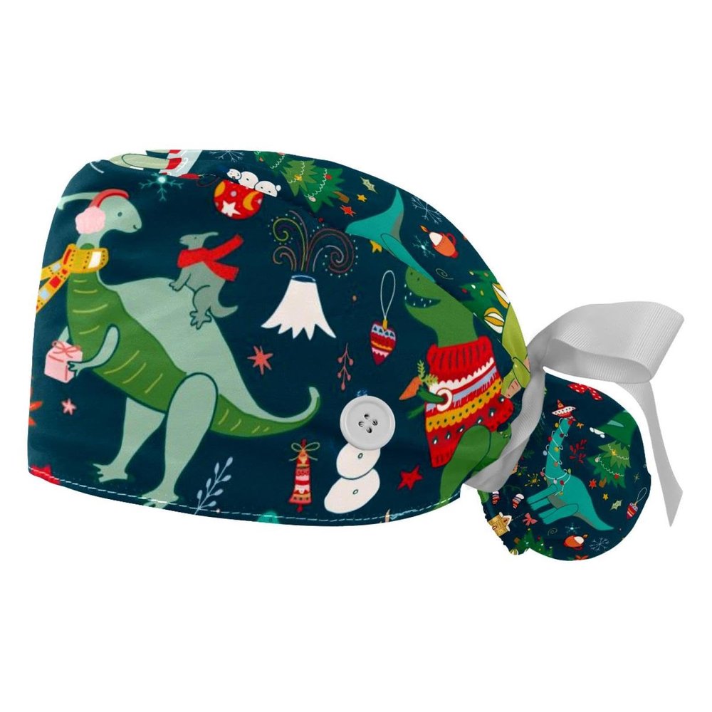 2 Pcs Working Caps with Buttons and Ribbon Tie, Dinosaur Christmas Bouffant Hats Scrub Caps Women Long Hair