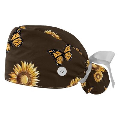 2 Pcs Working Caps with Buttons, Sunflowers Monarch Butterflies Ponytail Bouffant Scrub Cap for Long Hair