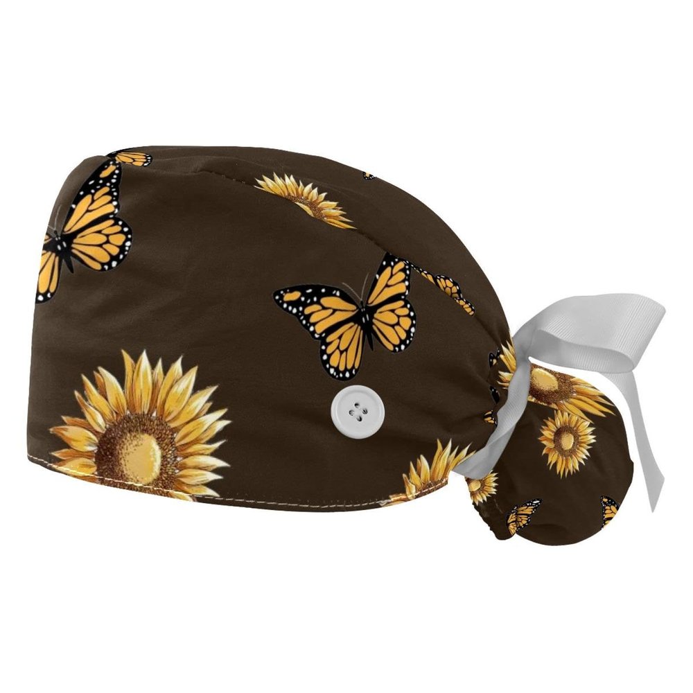2 Pcs Working Caps with Buttons, Sunflowers Monarch Butterflies Ponytail Bouffant Scrub Cap for Long Hair