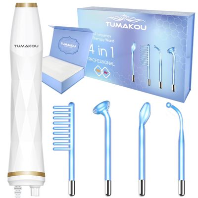 High Frequency Facial Device - TUMAKOU Blue High Frequency Facial Wand - Portable High Frequency Machine with 4 Fusion Neon + Argon Wands