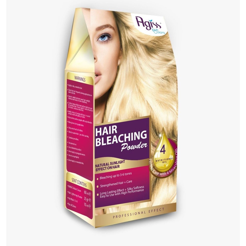 VHD Agiss Hair Lightener Bleaching Powder  Powder Hair Lightener, Bleaching up to 3-6 levels, Oxidation cream 60 ml, Powder 25 gr, Hair Mask and Application Gloves (Bundle of 4 items), 40 Volume