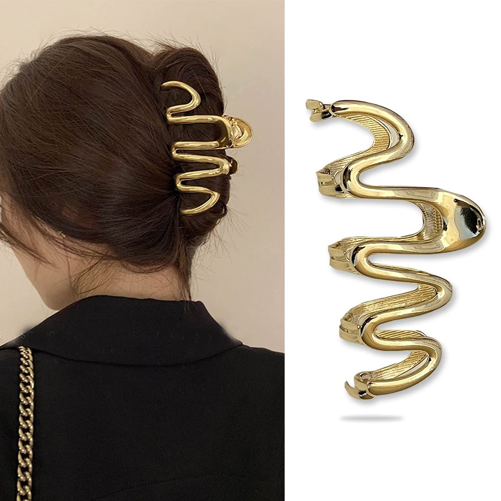 Gold Hair Claw Clips for Women Girls, 1Pcs Metal Wavy Shark Claw Non-slip Head Clip Elegant Hair Accessories for Daily Hair Accessories Decorations
