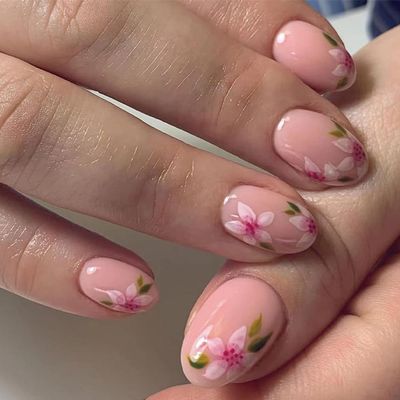 24 Pcs Extra Short Press on Nails Oval Fake Nails with Designs Acrylic Nails Artificial Full Cover Glue on Nails Pink Flower False nails Glossy Stick on Nails for Women