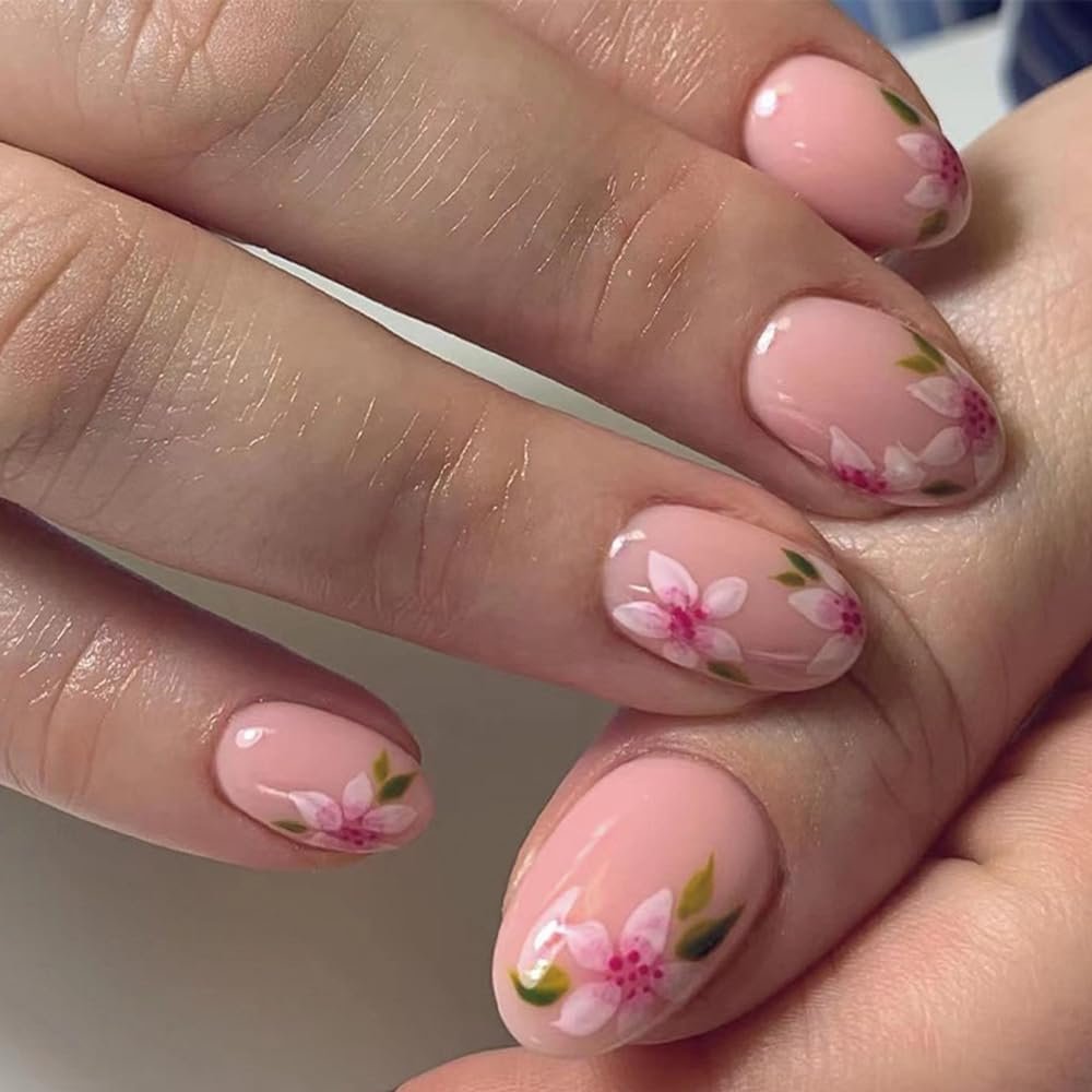 24 Pcs Extra Short Press on Nails Oval Fake Nails with Designs Acrylic Nails Artificial Full Cover Glue on Nails Pink Flower False nails Glossy Stick on Nails for Women