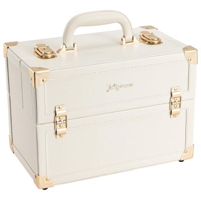 Joligrace Makeup Train Case Large Portable Cosmetic Makeup Storage Box Organizer Lockable with 4 Tray Compartments Retro Champagne Beige Vegan Leather