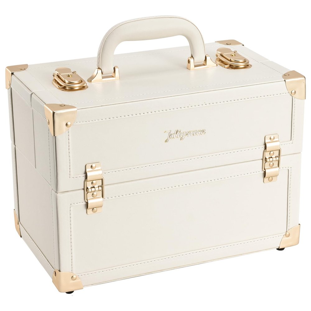 Joligrace Makeup Train Case Large Portable Cosmetic Makeup Storage Box Organizer Lockable with 4 Tray Compartments Retro Champagne Beige Vegan Leather