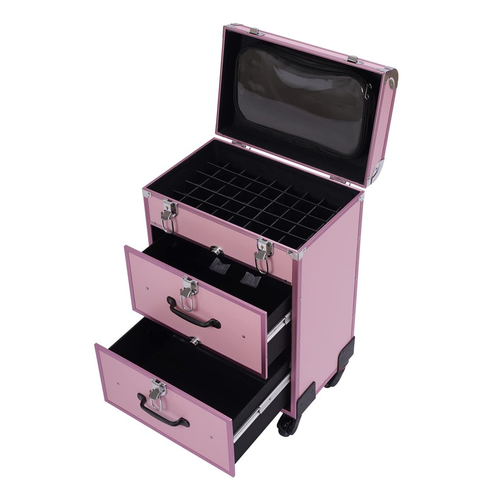 banborba Professional Rolling Makeup Train Case with Drawers, Large Cosmetic Trolley with Locks, Cosmetics Storage Organizer with 4 Wheels for Travel Makeup/Nail Art/Hair Styling (Pink)