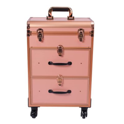 banborba Professional Rolling Makeup Train Case with Drawers, Large Cosmetic Trolley with Locks, Cosmetics Storage Organizer with 4 Wheels for Travel Makeup/Nail Art/Hair Styling (Gold)
