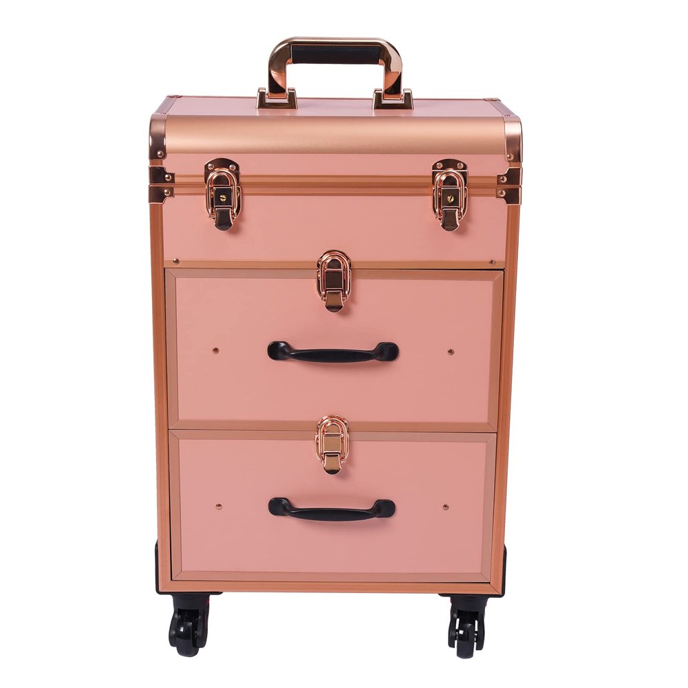 banborba Professional Rolling Makeup Train Case with Drawers, Large Cosmetic Trolley with Locks, Cosmetics Storage Organizer with 4 Wheels for Travel Makeup/Nail Art/Hair Styling (Gold)