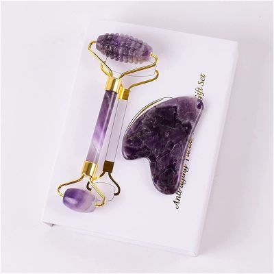 AMHIL Amethyst Rough Stone Amethyst Sawtooth Face Roller & Silicone Caps Gua Sha Care Tool Sets Natural Stone Quartz Massager Anti Wrinkle Cellulite Health (Color : 2 Pcs Sets)