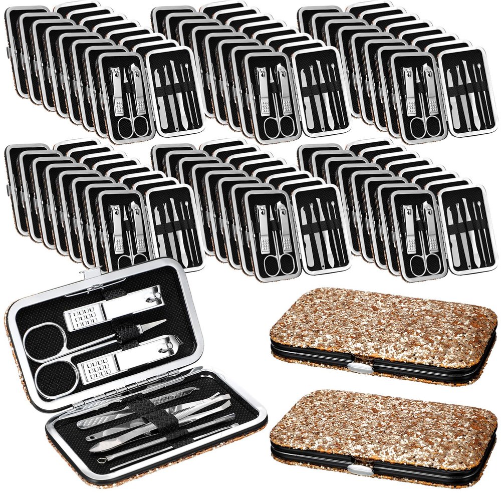 Geosar 50 Set 8 in 1 Travel Manicure Kit Bulk Professional Nail Clippers Pedicure Nail Care Tools Grooming Stainless Steel Set with Portable Travel Case, Gift for Christmas Men Women(Glitter Gold)