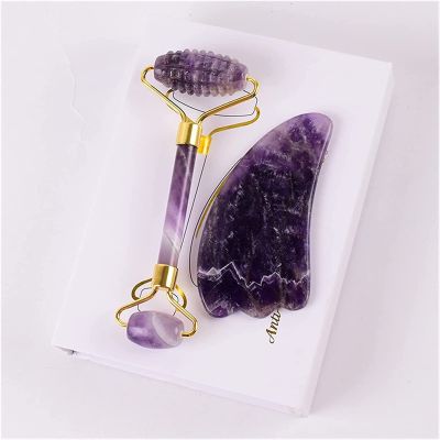 AMHIL Amethyst Rough Stone Amethyst Sawtooth Face Roller & Silicone Caps Gua Sha Care Tool Sets Natural Stone Quartz Massager Anti Wrinkle Cellulite Health (Color : Wine Red)