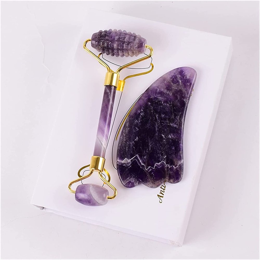 AMHIL Amethyst Rough Stone Amethyst Sawtooth Face Roller & Silicone Caps Gua Sha Care Tool Sets Natural Stone Quartz Massager Anti Wrinkle Cellulite Health (Color : Wine Red)