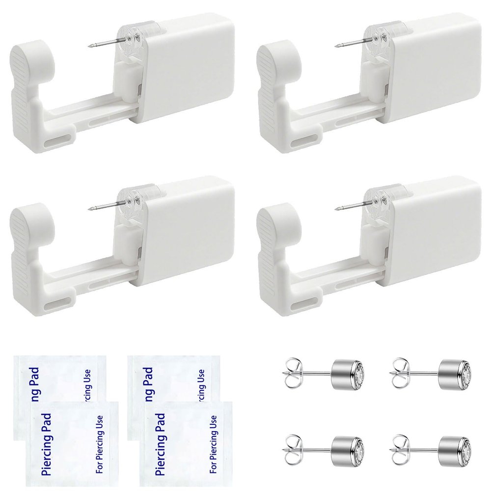 Ear Piercing Kit Disposable Ear Piercing Kit with Multi-sized CZ Earring Studs Easy and Self Ear Piercing Kit for Your Own Use at Home (4mm Silvery white)