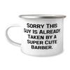Appreciation Barber Gifts, Sorry This Guy Is Already Taken by a, Sarcastic Birthday 12oz Camper Mug For Friends From Team Leader, Barbershop, Haircut, Hair, Styling, Shave, Unique view 1