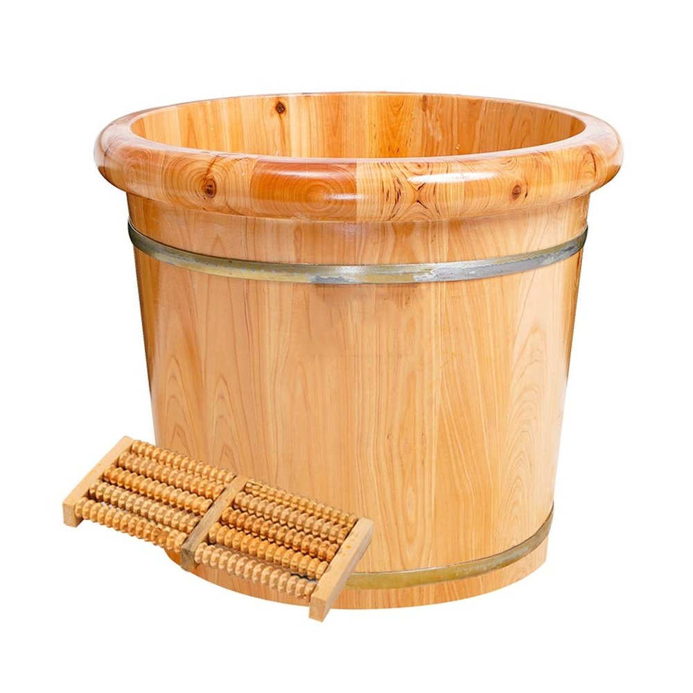 KIZMIQ Foot Bath Spa Foot Soak Bath Tub with LidWood Foot Spa Foot Barrel Massaging Pedicure Spa Basin for Soaking Tired and Sore Feet Footbath Bucket and Soaker Bowl 30cm (Color : Beige)
