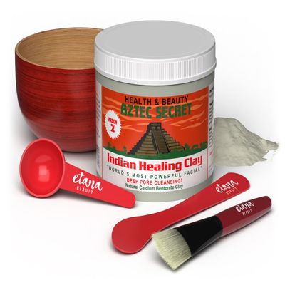 Aztec Secret Essential Indian Clay Mask Kit by Etana  100% Natural Calcium Bentonite for Deep Pore Cleansing - Facial, Hair & Body Detox Set With Accessories