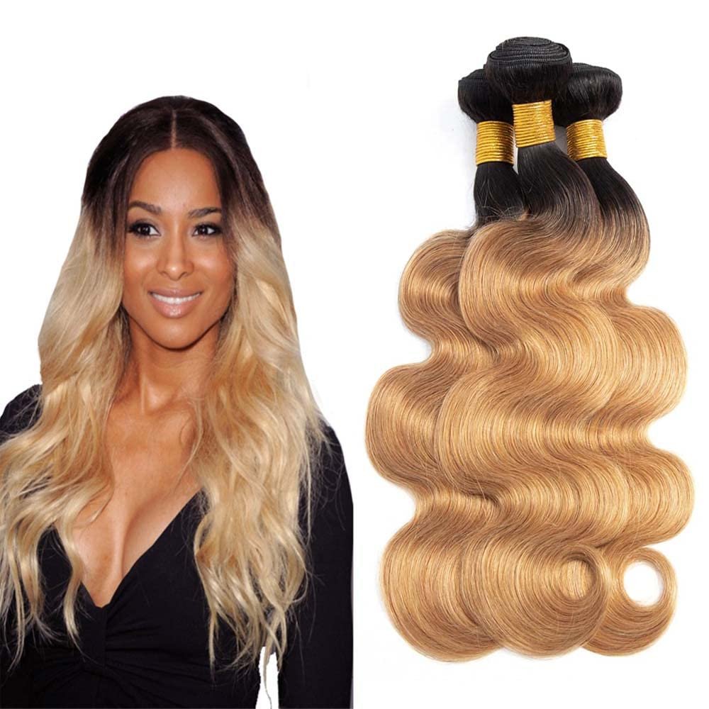 1B27 Human Hair Bundles Ombre Bundles Honey Blonde Body Wave Bundles Huam Hair 14 16 18 Inch Brazilian Real Unprocessed Virgin Human Hair Black And Honey Blonde Body Wave Human Hair Bundles