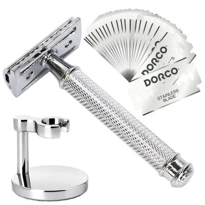 Hysotok Double Edge Safety Razor Set With 20 Blades, Stand, Heavy Duty Kit for Men's Everyday Use and Smooth Close Shave (Silvery)