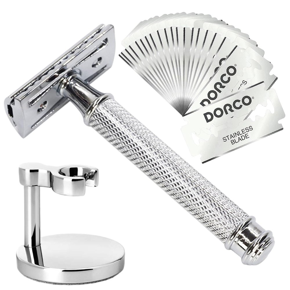 Hysotok Double Edge Safety Razor Set With 20 Blades, Stand, Heavy Duty Kit for Men's Everyday Use and Smooth Close Shave (Silvery)