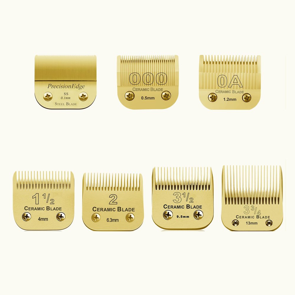7 Sets Combination Professional Detachable Replacement Ceramic Blades. Compatible with Oster Classic 76/Power Pro/Power-Teq/Star-Teq Clipper. Compatible with Wahl Clippers. (0.1~13mm). Golden. 7Pack