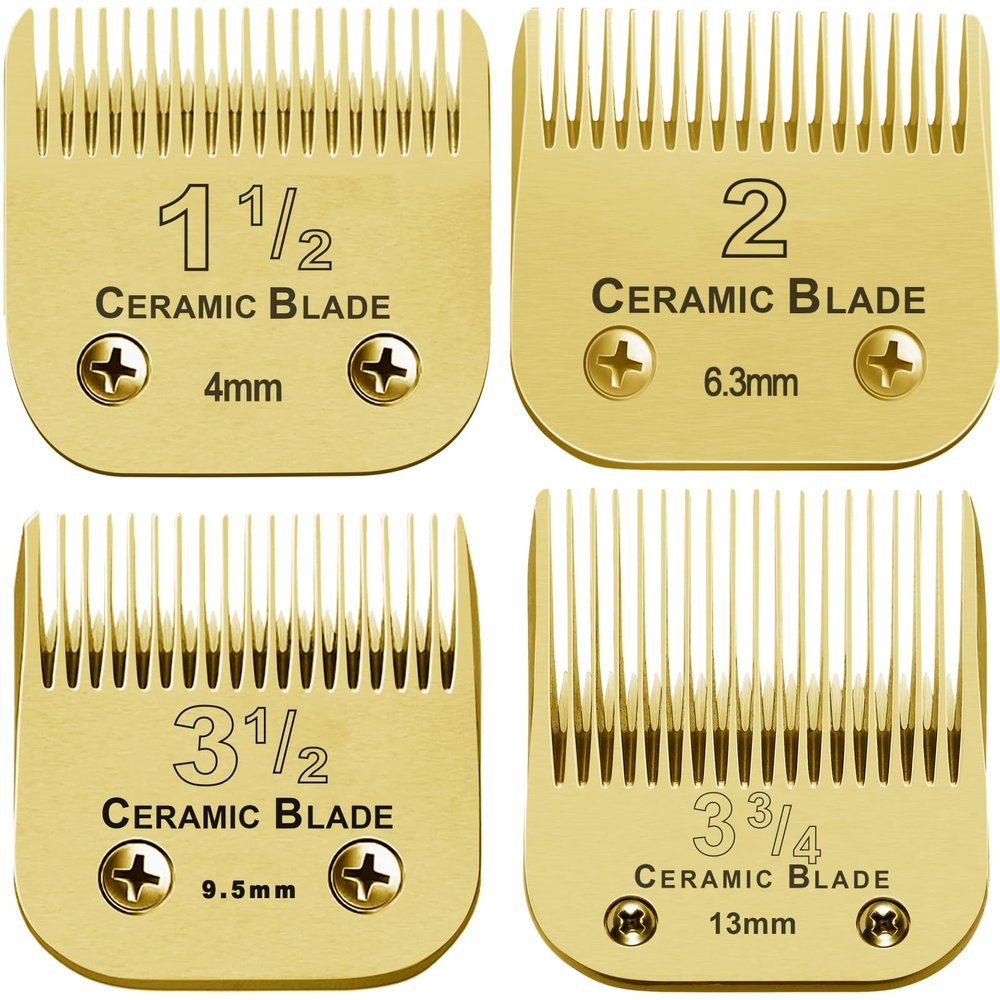 4 Sets Combination Professional Detachable Replacement Ceramic Blades. Compatible with Oster Classic 76/Power Pro/Power-Teq/Star-Teq Clipper. Compatible with Wah Clippers. (4~1.3mm). Golden. 4Pack