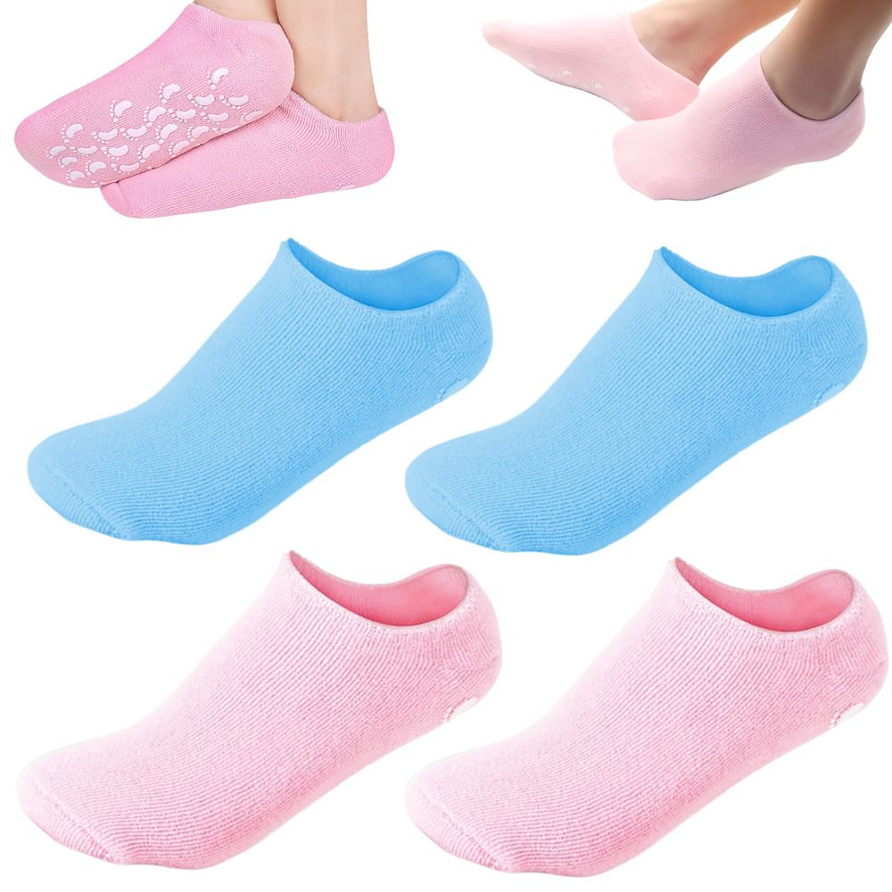 2Pairs Moisturizing Socks - Gel Socks for Dry Cracked Feet Women - Gel Spa Socks for Repairing and Softening Dry Cracked Feet Skins, Gel Lining Infused with Essential Oils and Vitamins (Pink+Blue)