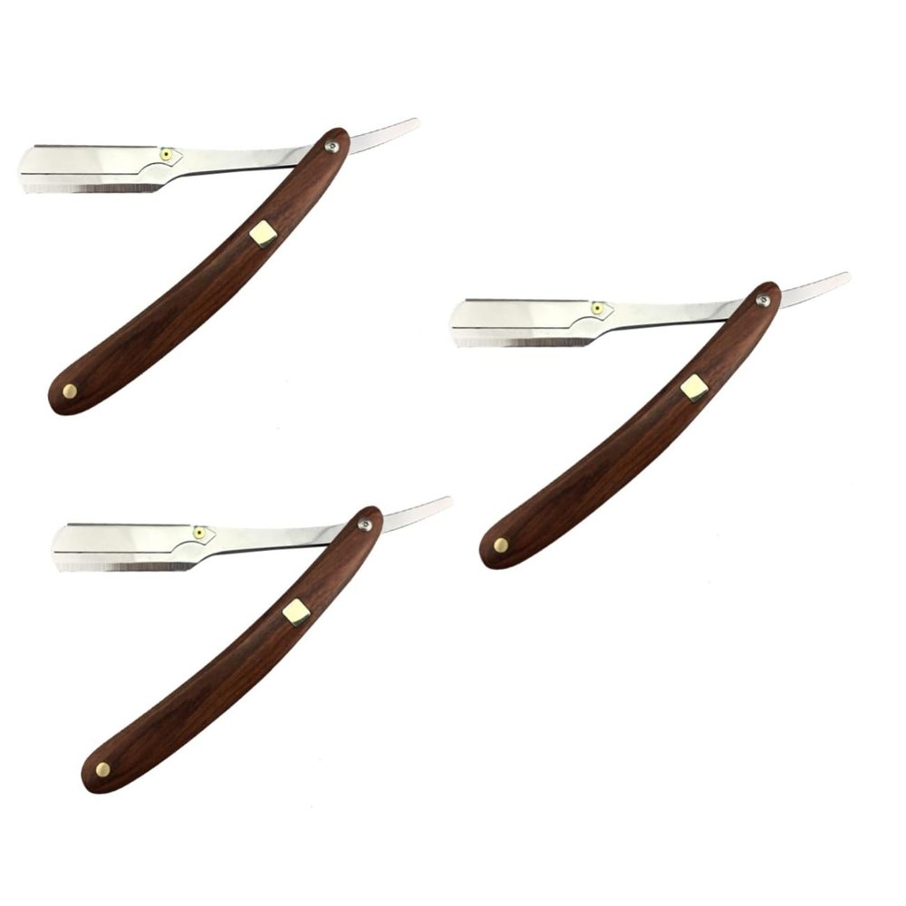 FOMIYES 3pcs Wooden Handle Straight for Men Vintage Barber Shaving Tool for Beard Sideburns Easy Open Guard for Salons Travel