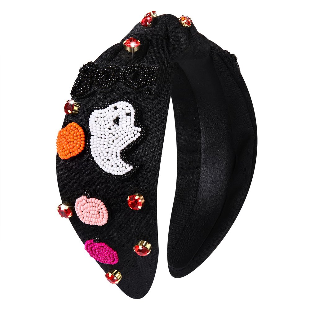 PHALIN Halloween Headband for Women Halloween Accessories Rhinestone Beaded Candy Corn Pumpkin Knotted Headband Costume Gifts (BOO)