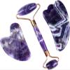 AMHIL Amethyst Rough Stone Face Care Massage Tool Amethyst Roller Gua Sha Massage Set Natural Crystal Jade Massager Facial Body Neck Skin Beauty Detox (Color : 2 Pcs No Box) view 2