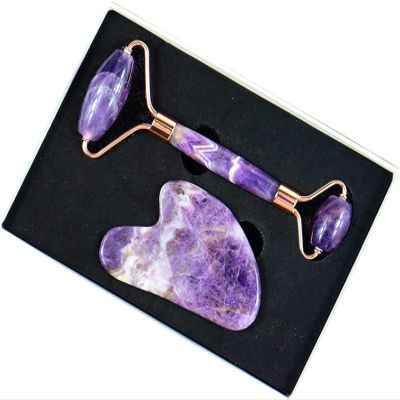 AMHIL Amethyst Rough Stone Face Care Massage Tool Amethyst Roller Gua Sha Massage Set Natural Crystal Jade Massager Facial Body Neck Skin Beauty Detox (Color : 2 Pcs and Box)