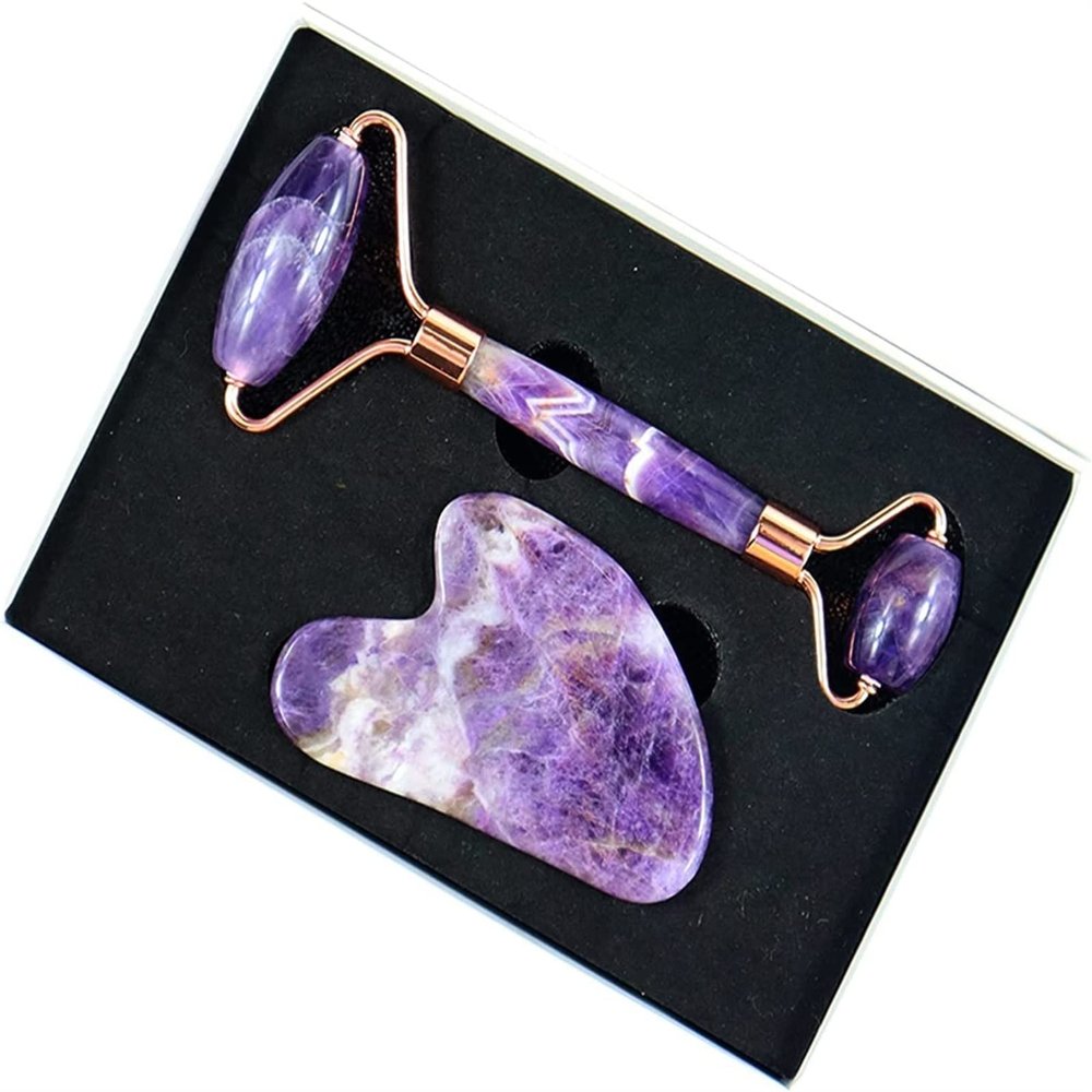 AMHIL Amethyst Rough Stone Face Care Massage Tool Amethyst Roller Gua Sha Massage Set Natural Crystal Jade Massager Facial Body Neck Skin Beauty Detox (Color : 2 Pcs and Box)