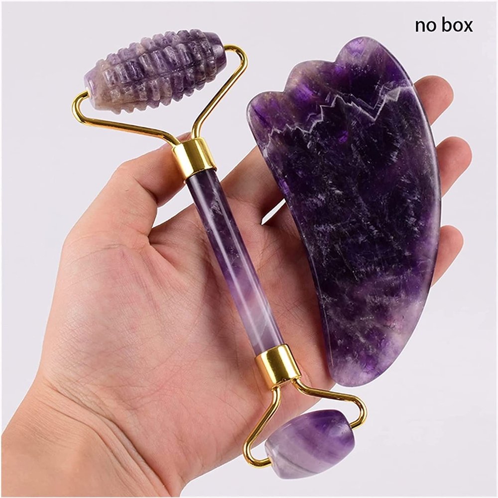 AMHIL Amethyst Rough Stone Amethyst Sawtooth Face Roller & Silicone Caps Gua Sha Care Tool Sets Natural Stone Quartz Massager Anti Wrinkle Cellulite Health (Color : Transparent)