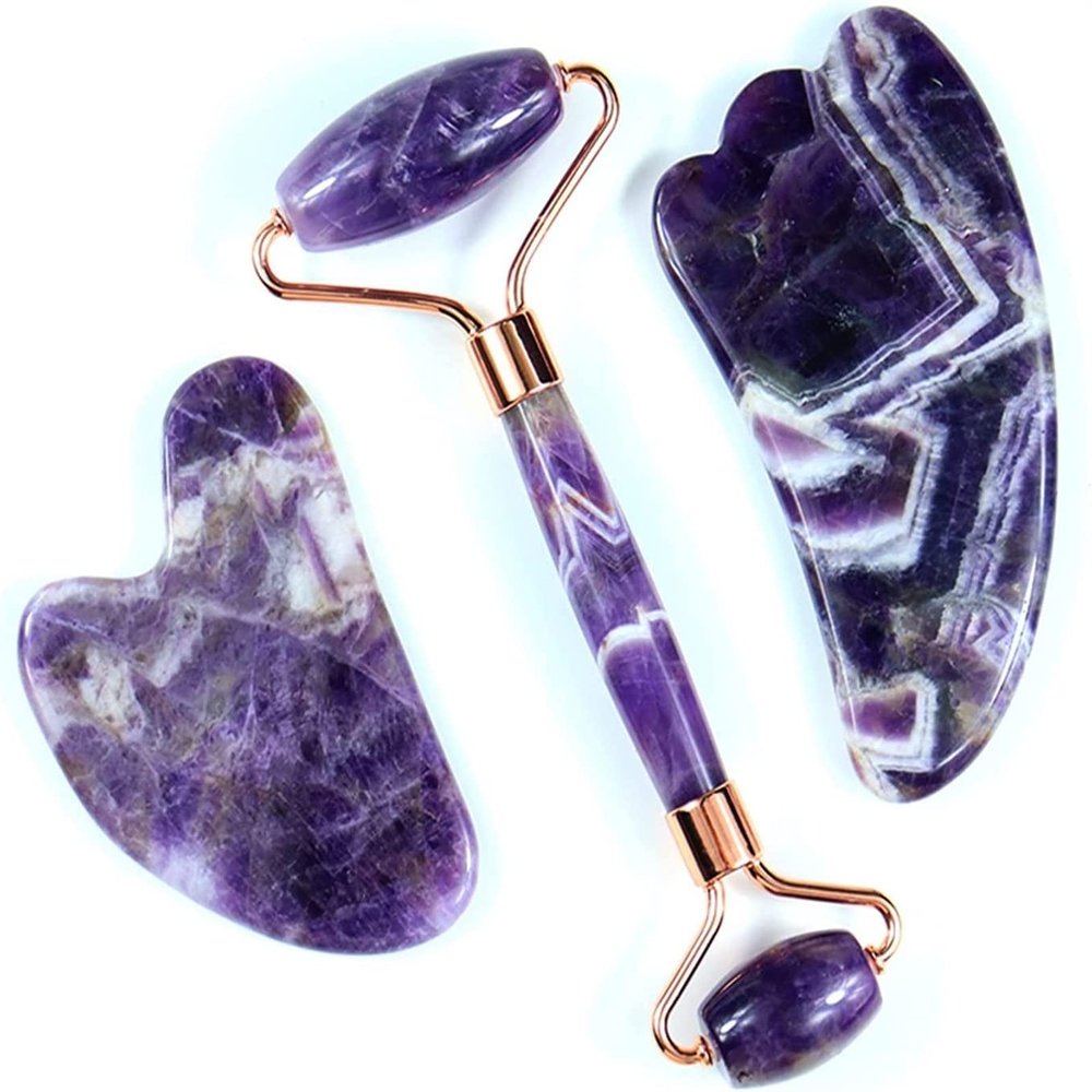 AMHIL Amethyst Rough Stone Face Care Massage Tool Amethyst Roller Gua Sha Massage Set Natural Crystal Jade Massager Facial Body Neck Skin Beauty Detox (Color : 3 Pcs)