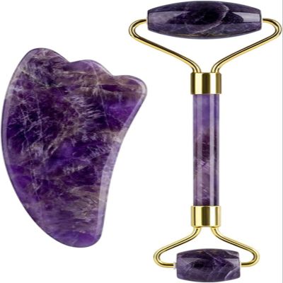 AMHIL Amethyst Rough Stone Amethyst Massager Natural Stone Facial Roller Gua Sha Tools Set SPA Acupuncture Scraping Crystal Body Face Health Care Massage (Color : Purple 2pcs Set 2)