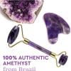 AMHIL Amethyst Rough Stone Amethyst Massager Natural Stone Facial Roller Gua Sha Tools Set SPA Acupuncture Scraping Crystal Body Face Health Care Massage (Color : Purple 2pcs Set 2) view 4