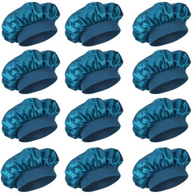 12 Pieces Silk Bonnet for Women Curly Hair Satin Bonnet Hair Wrap for Sleeping Cap with Tie Band (Blue Zircon)
