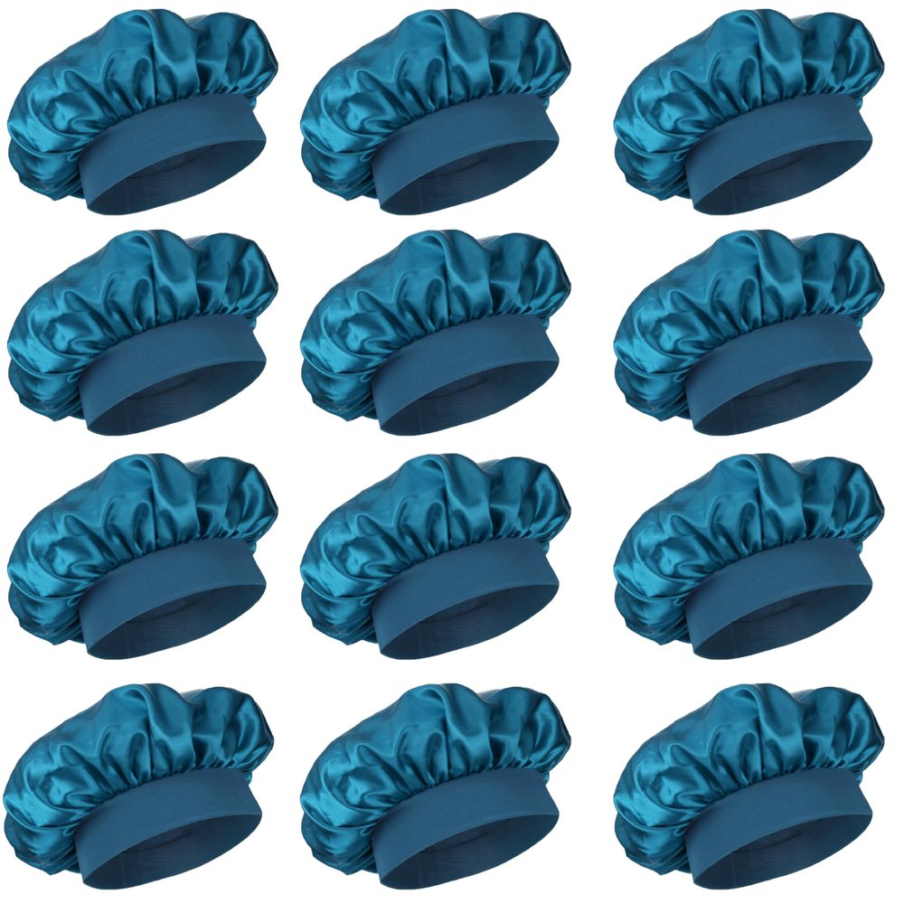 12 Pieces Silk Bonnet for Women Curly Hair Satin Bonnet Hair Wrap for Sleeping Cap with Tie Band (Blue Zircon)