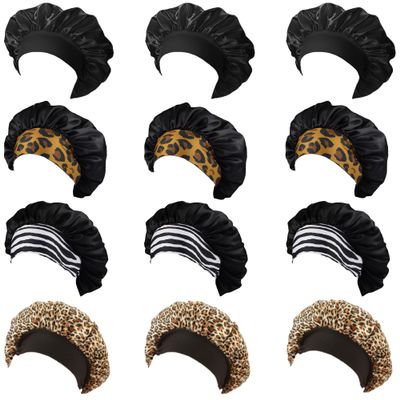 12 Pieces Silk Bonnet for Women Curly Hair Satin Bonnet Hair Wrap for Sleeping Cap with Tie Band (Leopard)