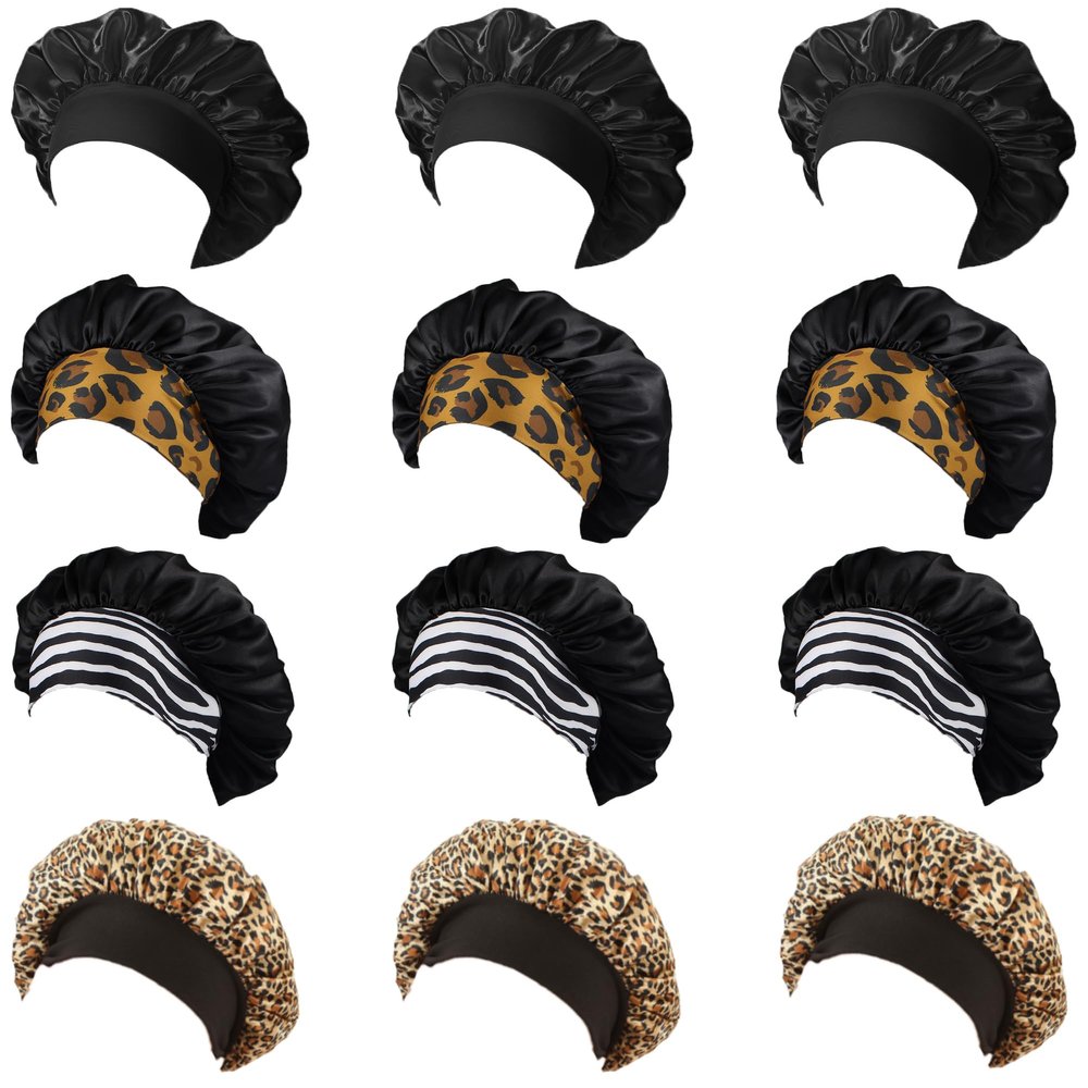 12 Pieces Silk Bonnet for Women Curly Hair Satin Bonnet Hair Wrap for Sleeping Cap with Tie Band (Leopard)