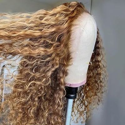 Highlight Wig 180 Density Curly Honey Blonde HD Invisible Lace Front Brazilian Human Hair Wig Pre Plucked for Black Women Ombre Colored 13x6 Deep Wave HD Frontal Glueless Wig with Baby Hair