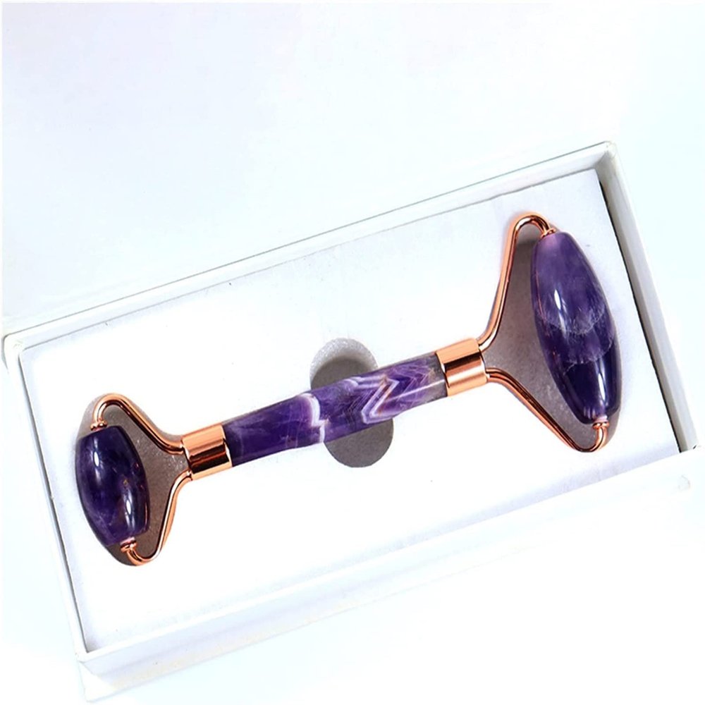 AMHIL Amethyst Rough Stone Face Care Massage Tool Amethyst Roller Gua Sha Massage Set Natural Crystal Jade Massager Facial Body Neck Skin Beauty Detox (Color : Roller and Box)
