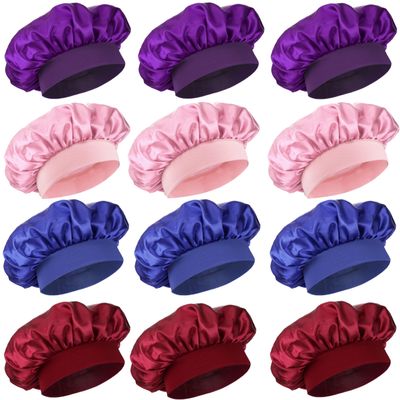 12 Pieces Silk Bonnet for Women Curly Hair Satin Bonnet Hair Wrap for Sleeping Cap with Tie Band (Multicoloured1)