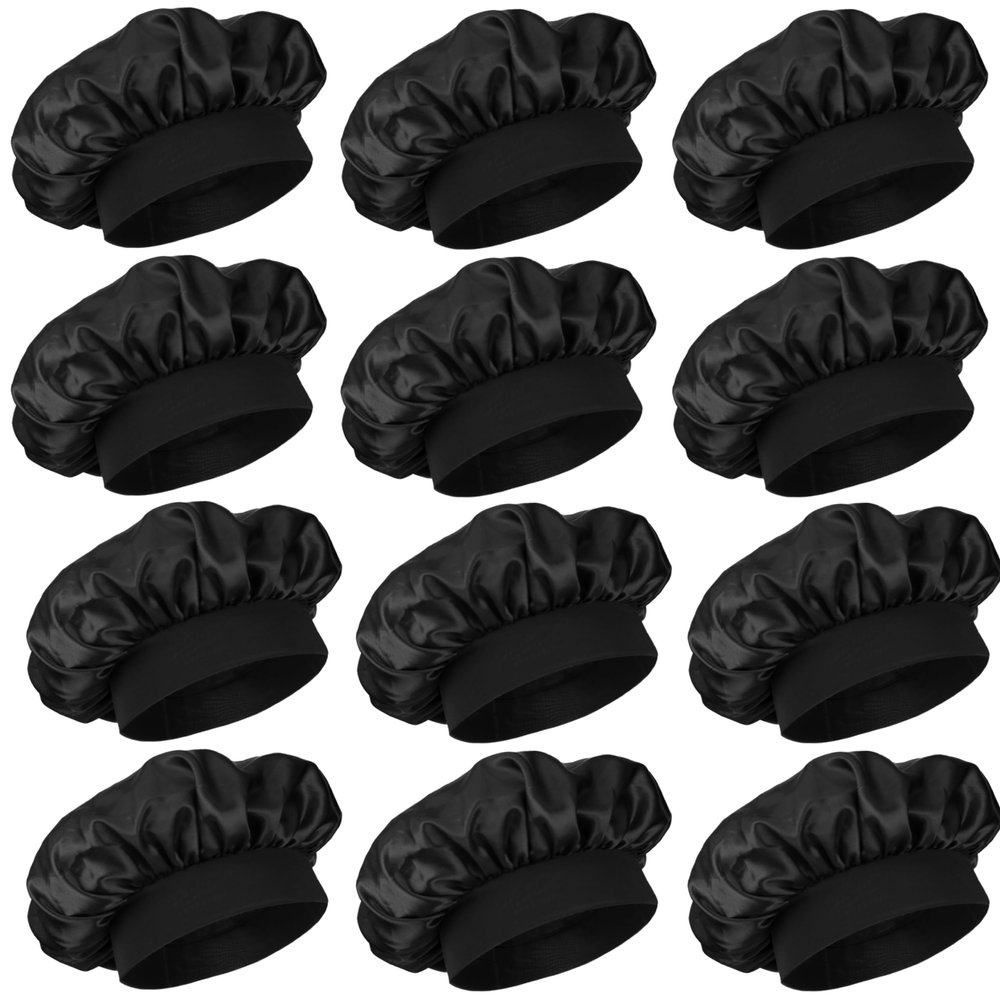 12 Pieces Silk Bonnet for Women Curly Hair Satin Bonnet Hair Wrap for Sleeping Cap with Tie Band (Black)